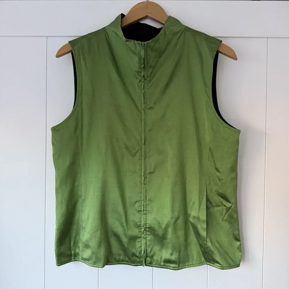 Silk Dupiani + Wool Lined Full Zip Vest Green M Eileen Fisher Coastal Grandma - Picture 1 of 9